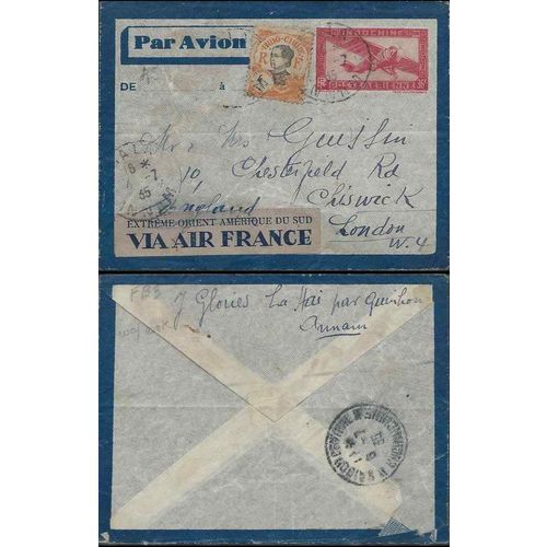 French Indo China Viet Nam 1935 Aerogram, Annam to London Extreme Orient Label