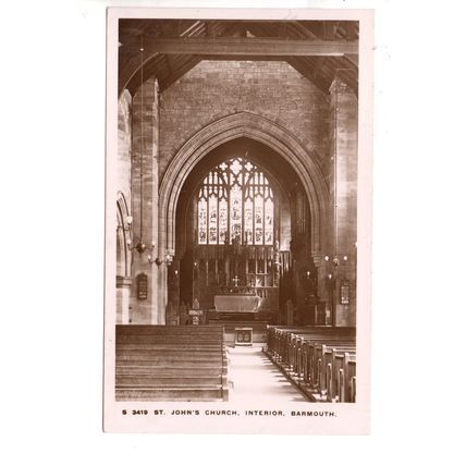 REAL PHOTO POSTCARD INTERIOR OF ST.JOHN'S CHURCH BARMOUTH MERIONETHSHIRE (3616)
