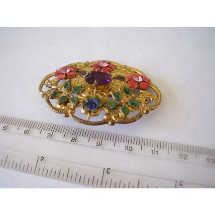 Vintage Brooch Large Czech Filigree Enamel Purple Faceted Bohemian Glass Stone