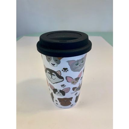 Pet Lover Travel Mug Dogs Cats Paw Prints Double Walled Ceramic With Lid 12oz
