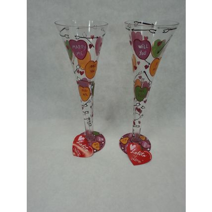 Mint Condition Lolita Hand Painted Champagne Flutes " Love " Set of Two