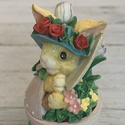 Vintage Bunny Rabbit Watering Can Lidded Trinket Box Tulips Roses Sun Bonnet Hat