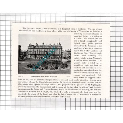 The Queen's Hotel Great Yarmouth Norfolk W H Nightingale - 1911 Cutting