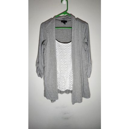 AB Studio Women's MEDIUM Draped Open-Front Cardigan Attached Shirt White Gray