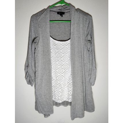 AB Studio Women's MEDIUM Draped Open-Front Cardigan Attached Shirt White Gray