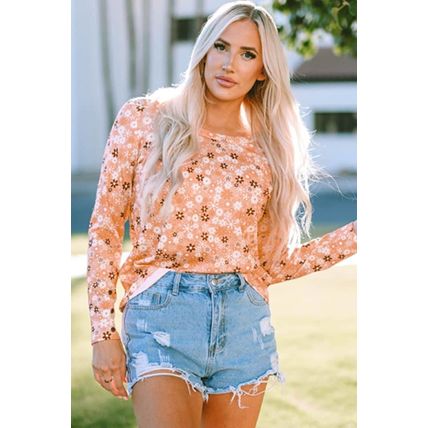 Orange Floral Knit Long Sleeve Top