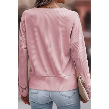 Pink Ribbed Texture Lace Trim V Neck Long Sleeve Top