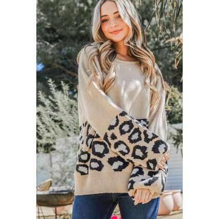Khaki Leopard Patchwork Knitted Puff Sleeve Sweater