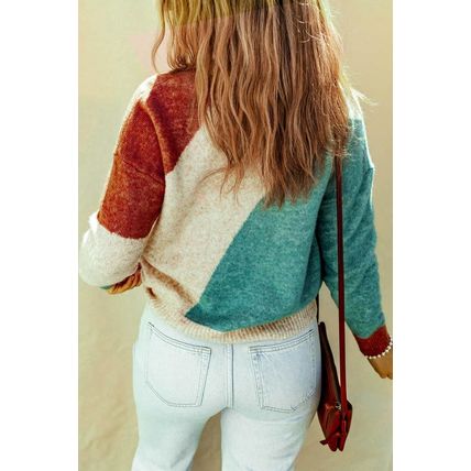 Multicolor Colorblock Ribbed Trim Round Neck Sweater