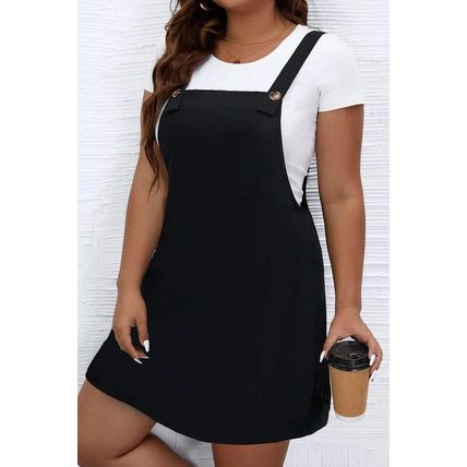 Black Solid Buttoned Straps Plus Size Overall Dress