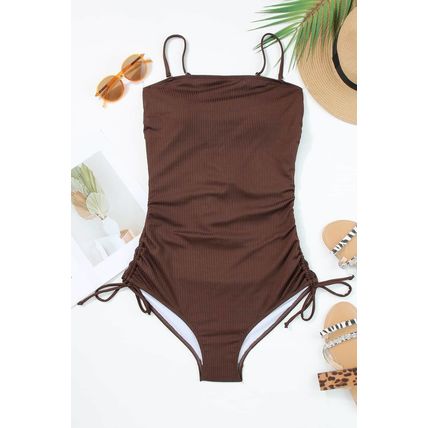 Coffee Ribbed Drawstring Sides Cutout One Piece Swimsuit