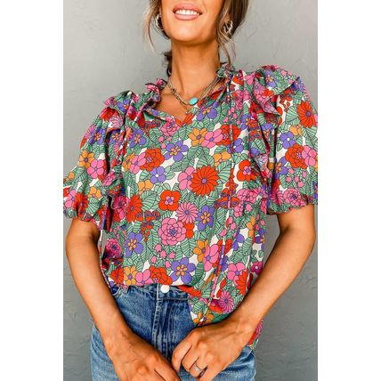 Red Floral Tie Split Neck Ruffle Puff Sleeve Blouse