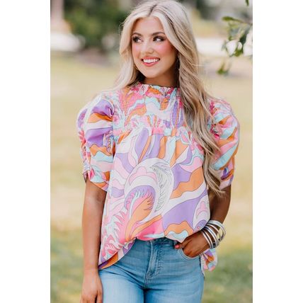 Pink Abstract Print Bubble Sleeve Smock Detail Blouse