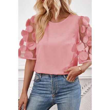 Dusty Pink Contrast Applique Mesh Half Sleeve Blouse