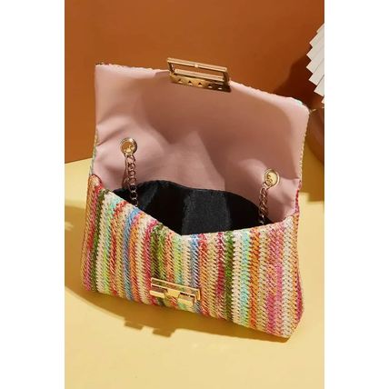 Strawberry Pink Bohemian Woven Gold Chain Shoulder Bag