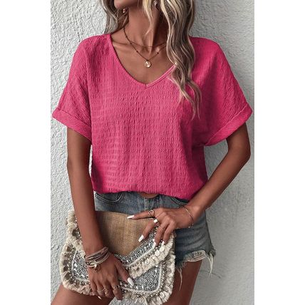 Bright Pink Textured Rolled Sleeve V Neck Tee