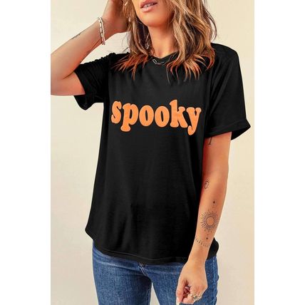 Black Halloween Spooky Crew Neck Casual Graphic Tee