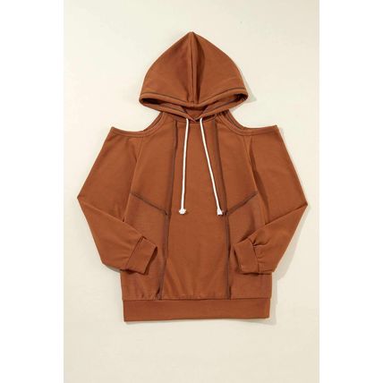 Cinnamon Exposed Seam Cold Shoulder Drawstring Hoodie