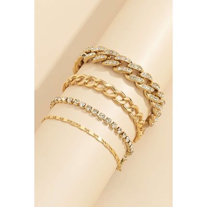 Gold 4pcs Rhinestone Decor Adjustable Chain Bracelet Set