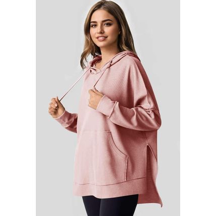 Light Pink Waffle Knit Fleece Lined High Low Oversized Hoodie