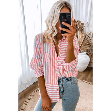 Pink Stripe Buttoned Long Sleeve Casual Shirt