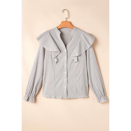 Brown Plaid Flounce Sleeve Notched Neck Ruffled Shirt