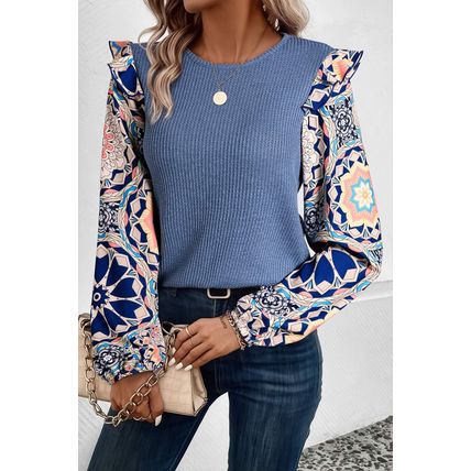 Ashleigh Blue Ruffled Floral Sleeve Patchwork Waffle Knit O Neck Blouse