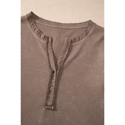 Coffee Acid Wash Waffle Knit Buttoned Neckline Long Sleeve Top