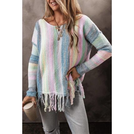 Purple Color Block Fringed Drop Shoulder Tunic Sweater