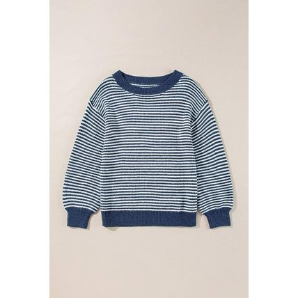 Sail Blue Striped Lantern Sleeve Drop Shoulder Cozy Sweater