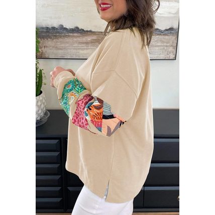 Beige Plus Size Printed Patchwork Sleeve Split Sweatshirt