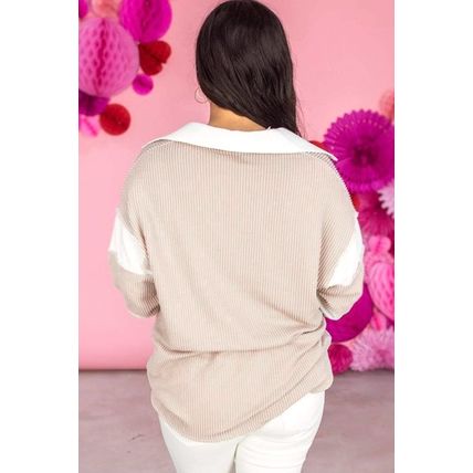 Parchment Corded Colorblock Long Sleeve Slit V Neck Plus Top