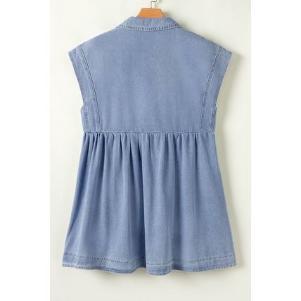 Beau Blue Lapel Neck Cap Sleeve High Waist Denim Babydoll Dress
