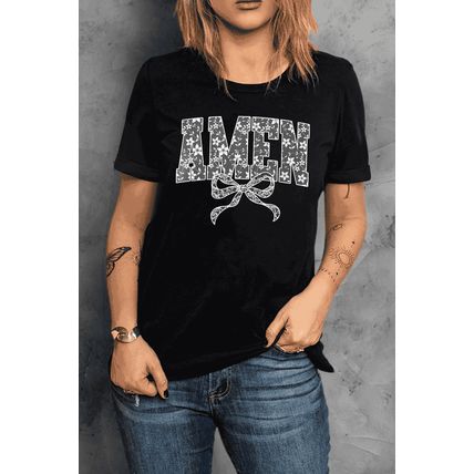 Black Floral AMEN Bow Printed T Shirt