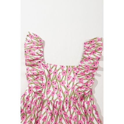 Pink Plus Size Ruffle Trim Square Neck High Waist Floral Maxi Dress