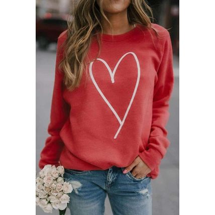 Red Heart Shape Print Long Sleeve Pullover Sweatshirt