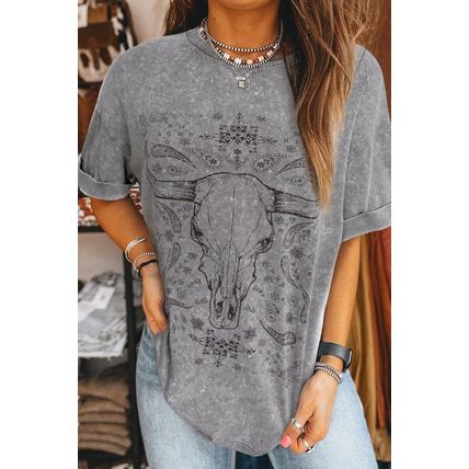 Light Grey Western Steer Head Tie Dye Print Crew Neck T Shirt