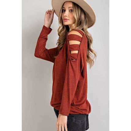 Orange Cutout Cold Shoulder Long Sleeve Top
