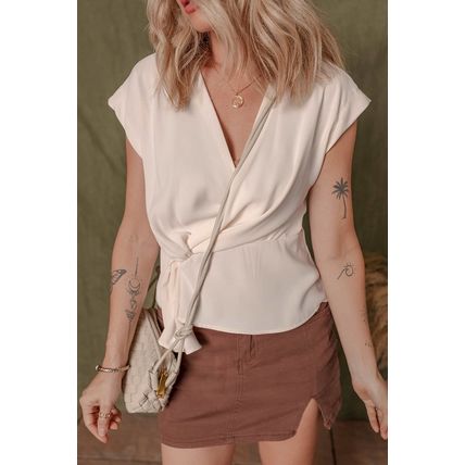 White Surplice V Neck Knotted Ruched Short Sleeve Peplum Blouse
