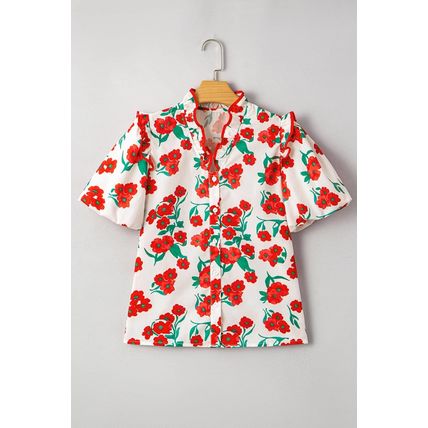 Red Floral Print Ruffled Puff Sleeve Elegant Summer Shirt