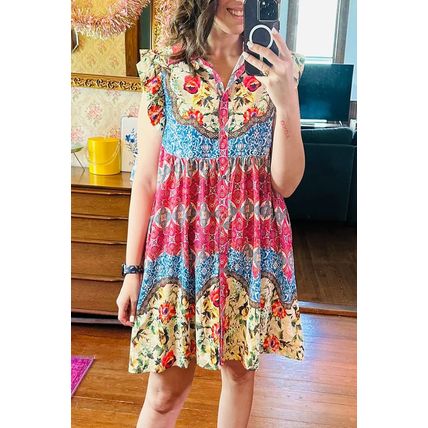 Rose Floral Mixed Pattern Ruffle Flutter Sleeve Buttoned Dress
