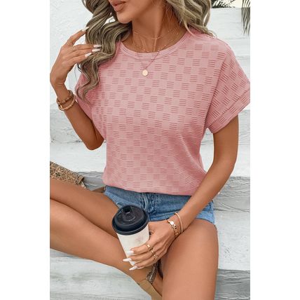Apricot Pink Checkered Textured Round Neck T-shirt