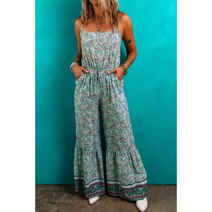 Green Bohemian Floral Ruffle Bottom Spaghetti Strap Jumpsuit