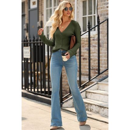 Moss Green Lightweight Ribbed Knit Button Front V Neck Cardigan