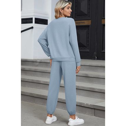 Dusk Blue Solid Color Ribbed Loose Long Sleeve Top Casual Pant Set