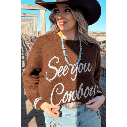 Coffee See You Cowboy Embroidered Western Graphic Sweater