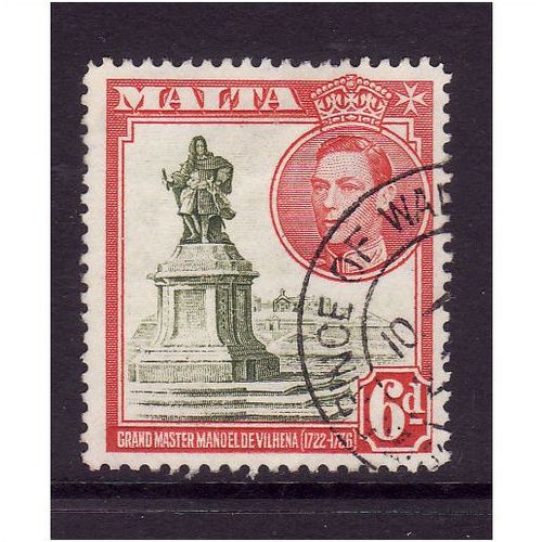 MALTA 1938 SG 225 6d OLIVE GREEN AND SCARLET FINE USED#1