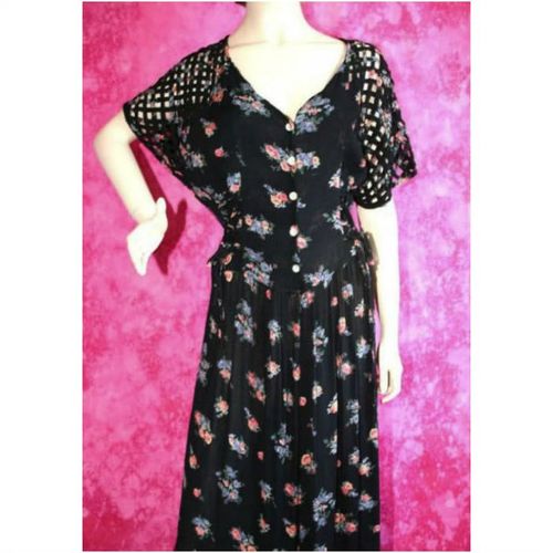 Womens Vintage 1970 Black Blue Floral Open Work Short Sleeved Dress Size 12 14