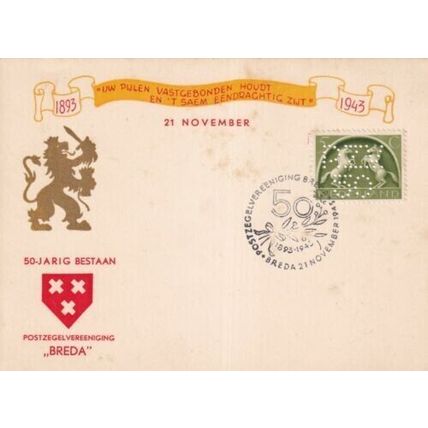 Netherlands 1943 Breda anniversary Postal Card Special cancel with PZV 50 Perfin