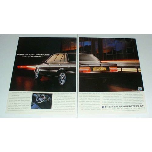 1986 2-page Peugeot 505 GTI Car Ad - Wheels of Industry!
